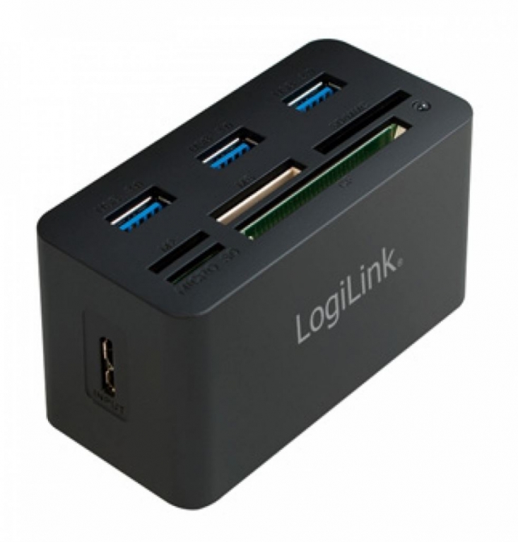 Leitor Cartões de Memória Cartões SD, microSD, M2, MS (Duo/Pro) e CF Logilink All-In-One  3xUsb 3.0 HUB CR0042