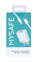 Carregador 18W MYSAFE + Cabo Tipo C para Lightning 1m Branco em Blister
