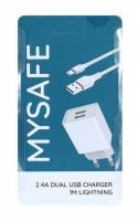 Carregador MYSAFE CH24A 2.4A Dual + Cabo Dados Lightning 1m Branco em Blister