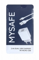 Carregador MYSAFE CH24A 2.4A Dual + Cabo Dados Micro Usb 1m Branco em Blister