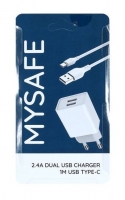 Carregador MYSAFE CH24A 2.4A Dual + Cabo Dados Tipo C 1m Branco em Blister