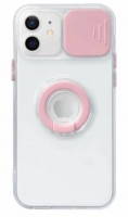 Capa Iphone 13 Pro SLIDE CAM Silicone Transparente com Anel Rosa