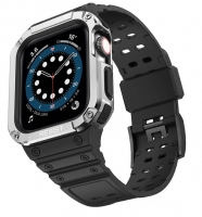 Bracelete Apple Watch 42mm, 44mm, 45mm Protect Strap Band com Armored Case Prata/Preto