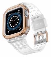 Bracelete Apple Watch 42mm, 44mm, 45mm Protect Strap Band com Armored Case Dourado/Transparente Mate