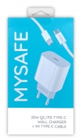 Carregador MYSAFE CH20W + Cabo Dados Tipo C 1m Branco em Blister