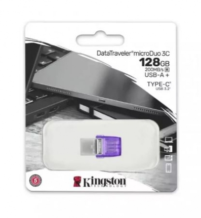 Pen Kingston 128GB Datatraveler MicroDuo 3C 200MB/s Dual USB-A + USB-C Roxo em Blister
