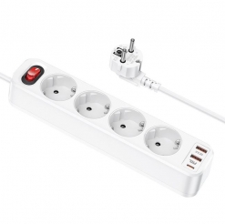Extensão de 4 Tomadas e 2 Portas USB-A + 1 Porta USB-C 3A 20W HOCO Branco