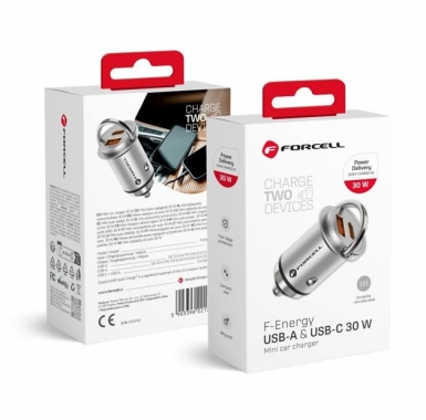 Carregador Isqueiro FORCELL F-ENERGY Mini Car USB-C + USB-A PD QC3.0 5A 30W Prata