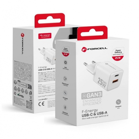 Carregador FORCELL F-ENERGY Mini GaN III VT-25B 1 x USB-C + 1 x USB-A 25w Branco