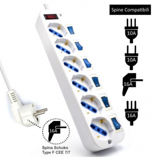 Régua Extensão Ewent EW3932 Power Strip 6 Tomadas Schuko 16A com Switch On/Off 1.5m Branca
