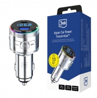 Carregador de Isqueiro com Transmissor FM 3 em 1 48W QC PD PPS USB-C USB-A 3mk Hyper Car Power Prata