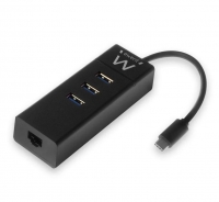 Hub Ewent EW1141 USB-C com 3 Portas USB 3.0 + 1 Porta Gigabit Lan Powered